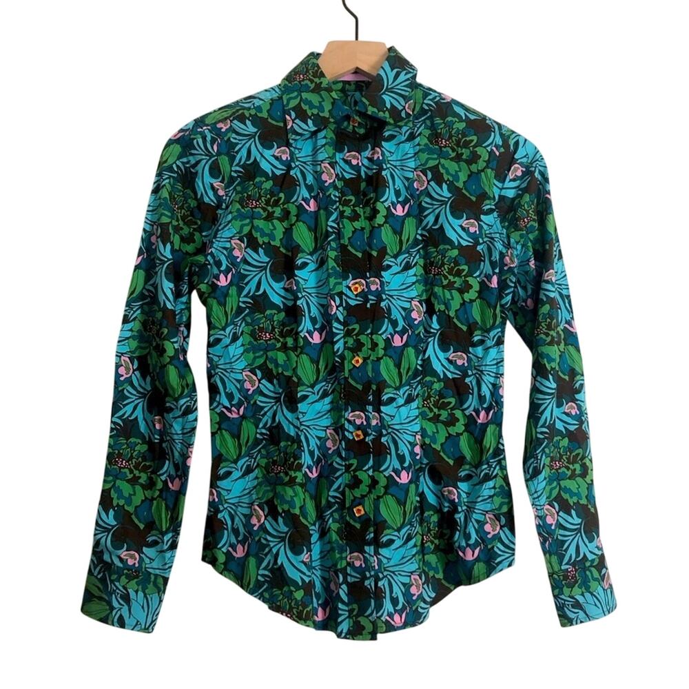 The Limited Floral Blue Green Pink Tropical Button Down Blouse Shirt Top XS